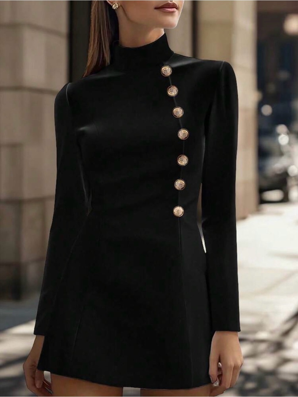 SHEIN Black High-Neck Mini Dress with Gold Decorative Buttons